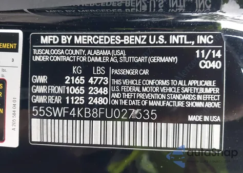 2015 Mercedes-Benz C 300 Sport 4Matic from USA, damaged, VIN 55SWF4KB8FU027535